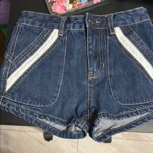 Free People Blue and White Jean Shorts High-Waisted Relaxed Fit